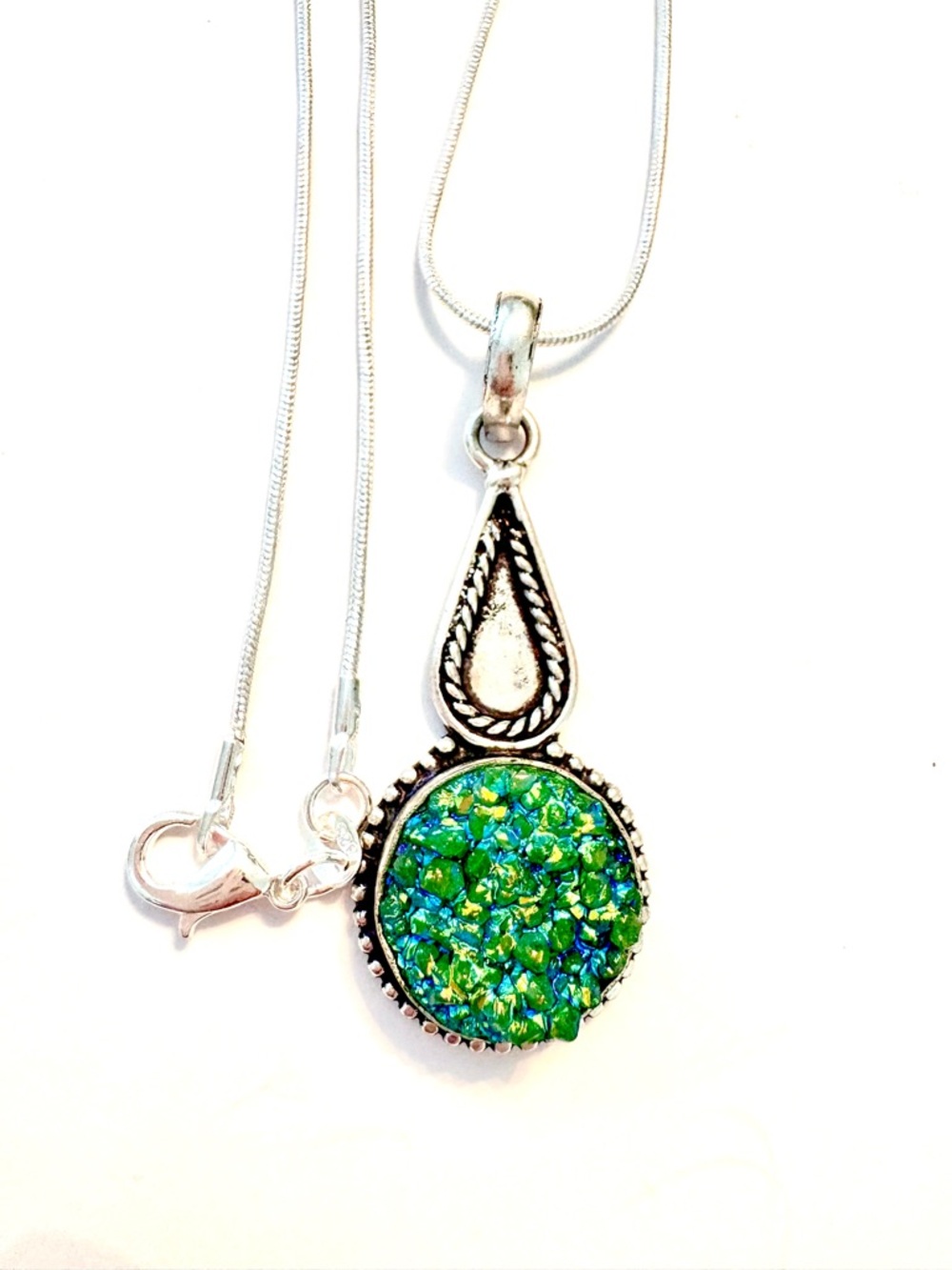 1 1/2, inch, 925 marked, Green Titanium Druzy pendant on a silver chain